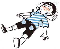 暑さで体中を冷却材で冷やす人のイラスト